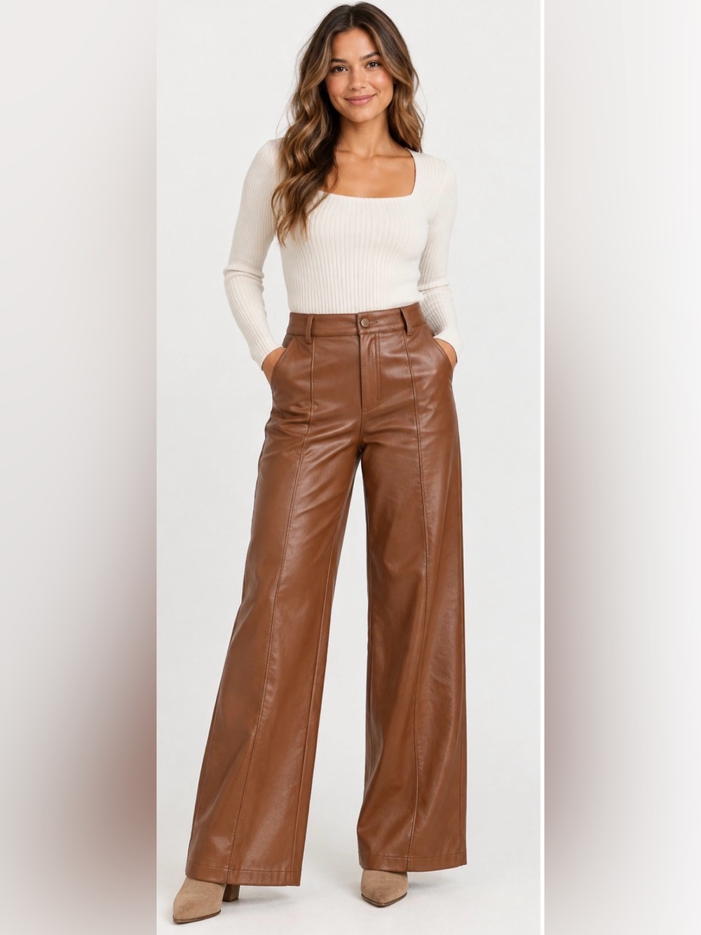 Free People Faux Leather Wide Leg Pants w/ seams. Cognac / caramel / camel. S